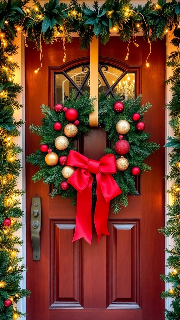 A Christmas door decorated with a wreath, garland, and lights.